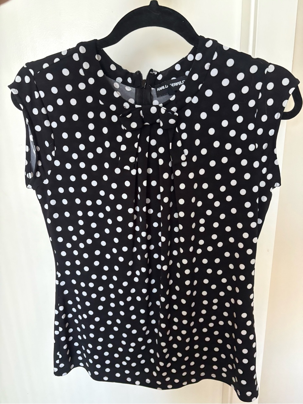 Karl Lagerfeld Black Polka Dot Cap Sleeve Top with Front Bow